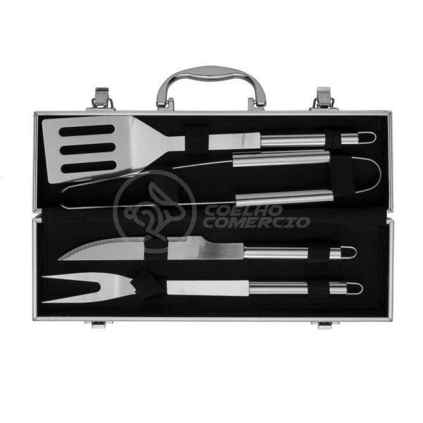 Encontraproduto.com.br - Kit P/ Churrasco Com 4Pçs Inox Espátula Faca Garfo Pegador