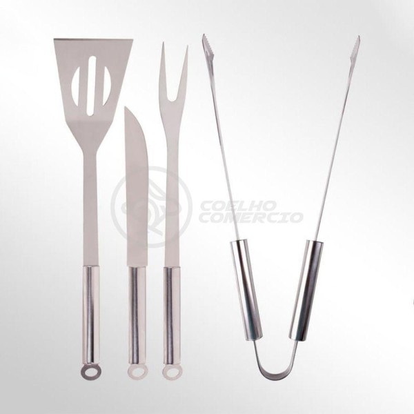 Encontraproduto.com.br - Kit P/ Churrasco Com 4Pçs Inox Espátula Faca Garfo Pegador