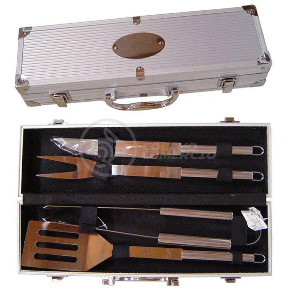 Encontraproduto.com.br - Kit P/ Churrasco Com 4Pçs Inox Espátula Faca Garfo Pegador