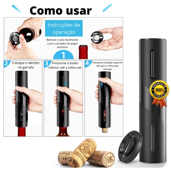 Encontraproduto.com.br - Saca Rolhas Tampa Abridor Vinho Elétrico Automático Portátil