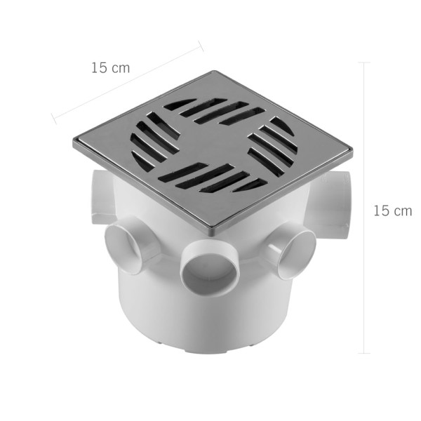 Encontraproduto.com.br - Caixa Sifonada 15x15cm de 7 Entradas e Grelha Quadrada em ABS Cromada Astra