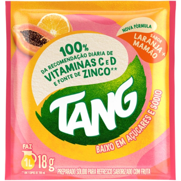 Refresco em Pó Tang Mamão e Laranja 18g Vitaminas  C, D e Fonte de Zinco