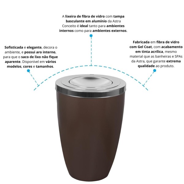 Encontraproduto.com.br - Lixeira Fibra De Vidro Bronze Fosco 50l Com Tampa Basculante Em Alumínio Bronze Fosco