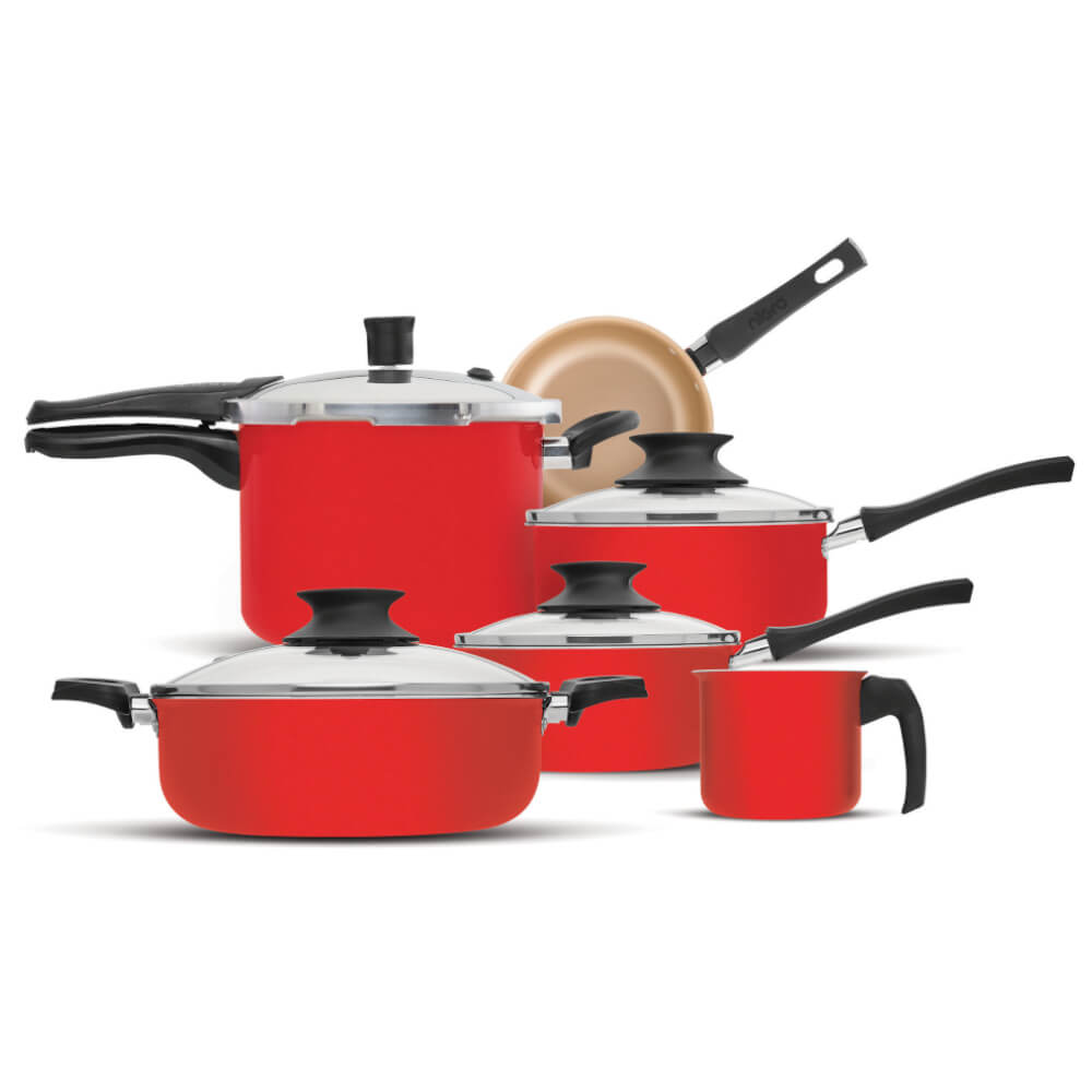 Conjunto de Panelas Nigro 6 peças Única Antiaderente Gold com Panela de Pressão - Vermelho