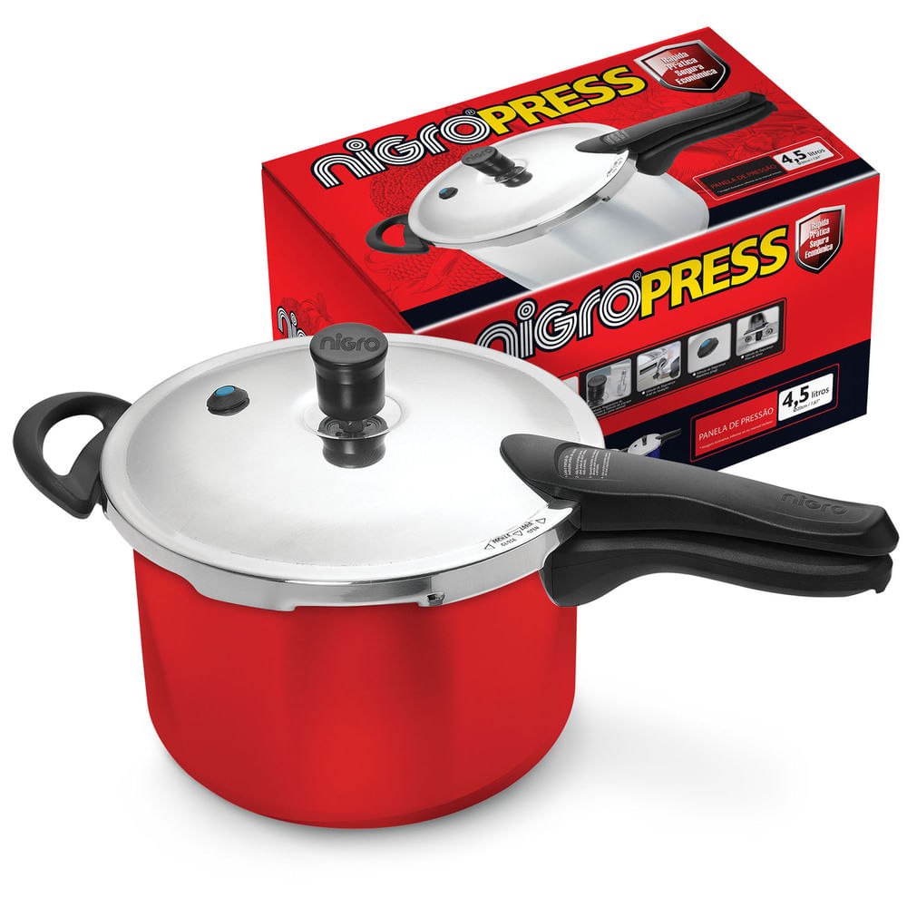 Encontraproduto.com.br - Panela de Pressão 4,5 L Nigro Press Fechamento Externo em Alumínio com 4 Sistemas de Segurança - Vermelha