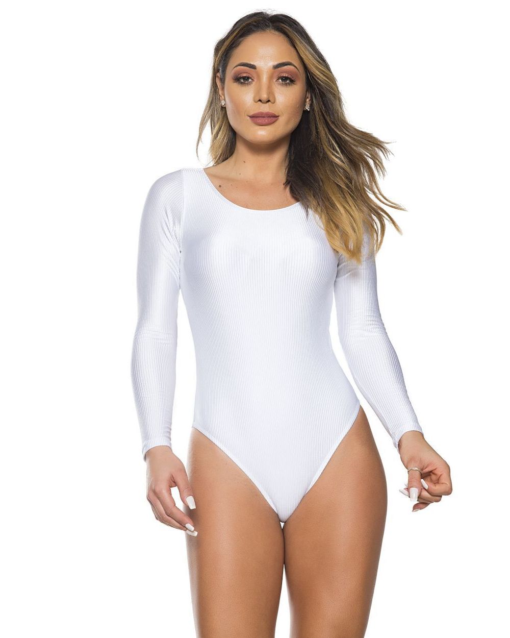 Maiô Body Manga Longa com Bojo Branco