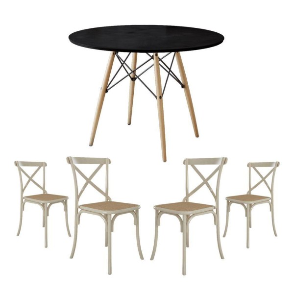 Encontraproduto.com.br - Jogo De Mesa Eiffel Redondo Tampo De Madeira 110Cm Preto Com 4 Cadeiras Katrina Off Whiteo Be