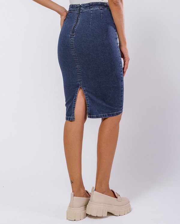 Encontraproduto.com.br - Saia Jeans Midi Feminina Cintura Alta Detalhe Recorte 23386 Escura