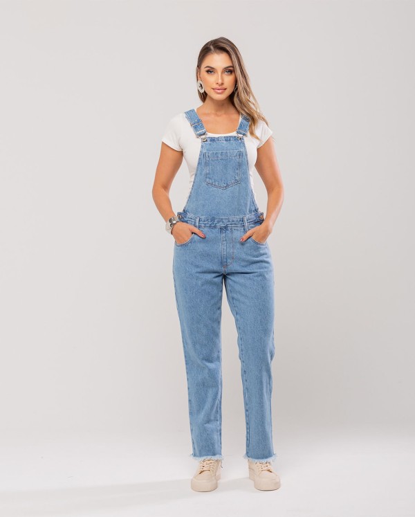 Jardineira Jeans Feminina com Barra Desfiada 23377 Média
