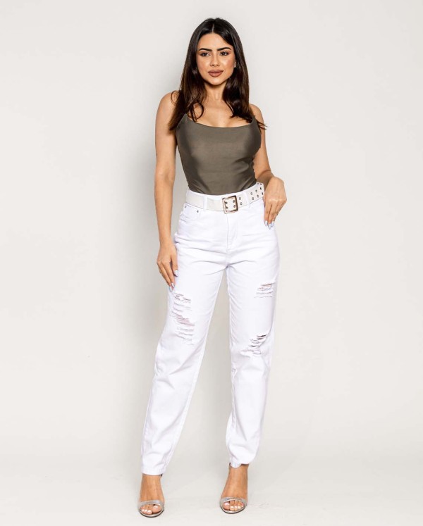 Calça Feminina Mom 101 Vibes Branca com Rasgo   00114 Branca Rasgada