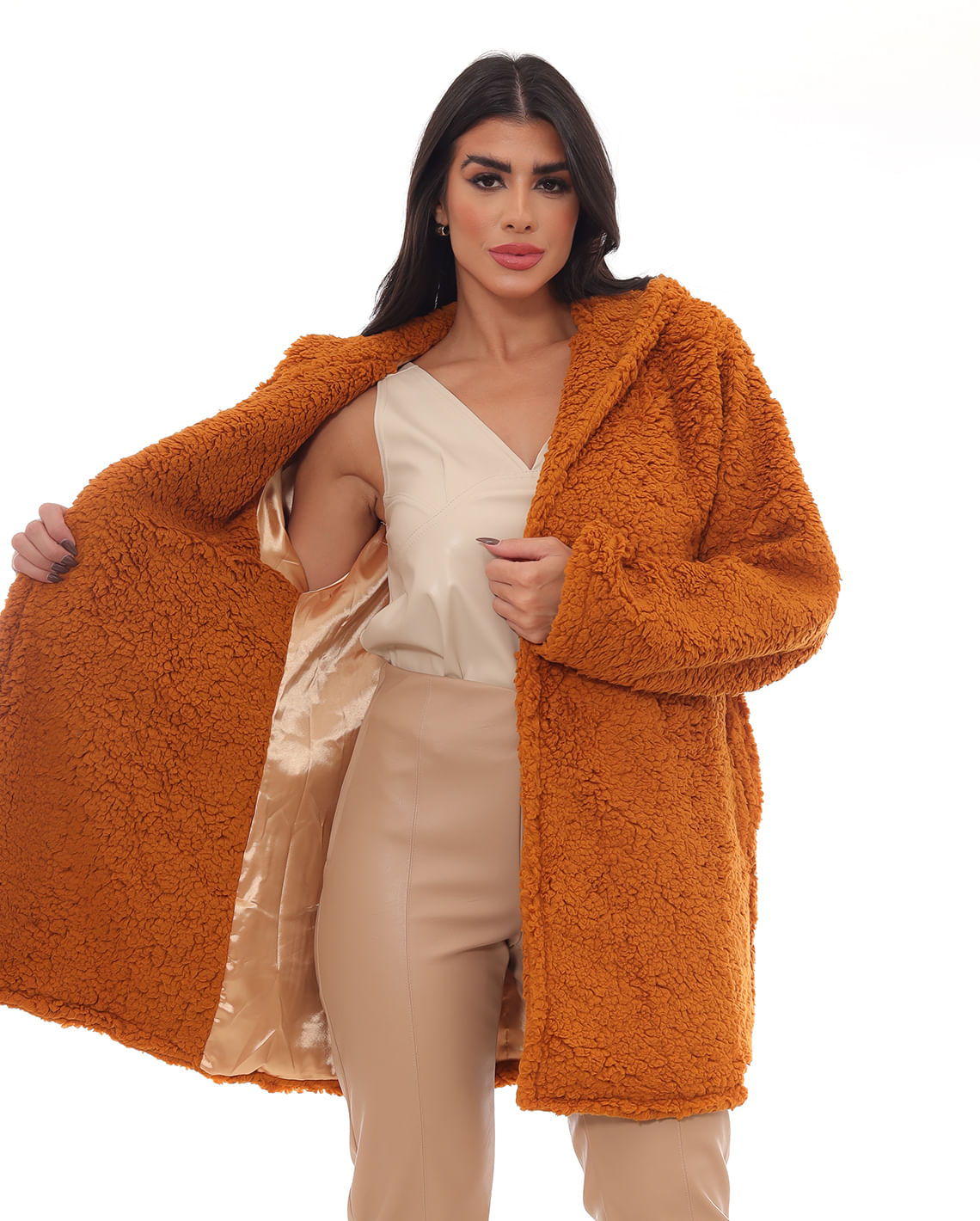 Encontraproduto.com.br - Casaco Pelo Sintético Teddy Feminino com Touca 22700 Tamara