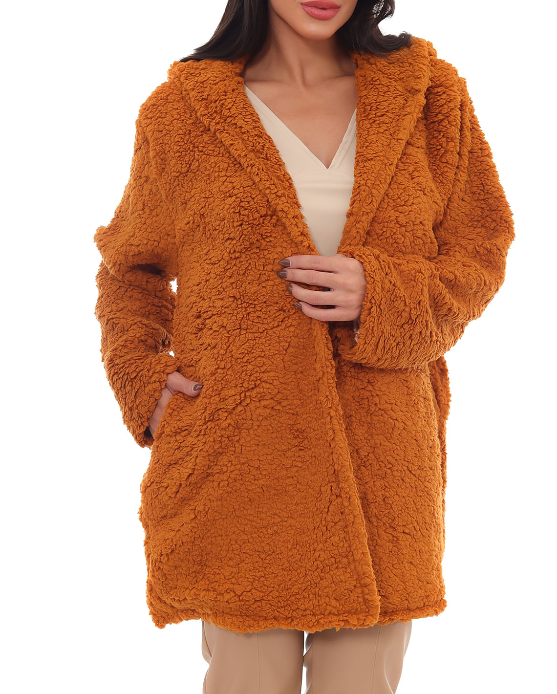 Encontraproduto.com.br - Casaco Pelo Sintético Teddy Feminino com Touca 22700 Tamara