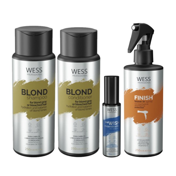 Encontraproduto.com.br - Kit Wess Blond SH 250ml+Cond 250ml+WeWish 50ml+Finish 250ml