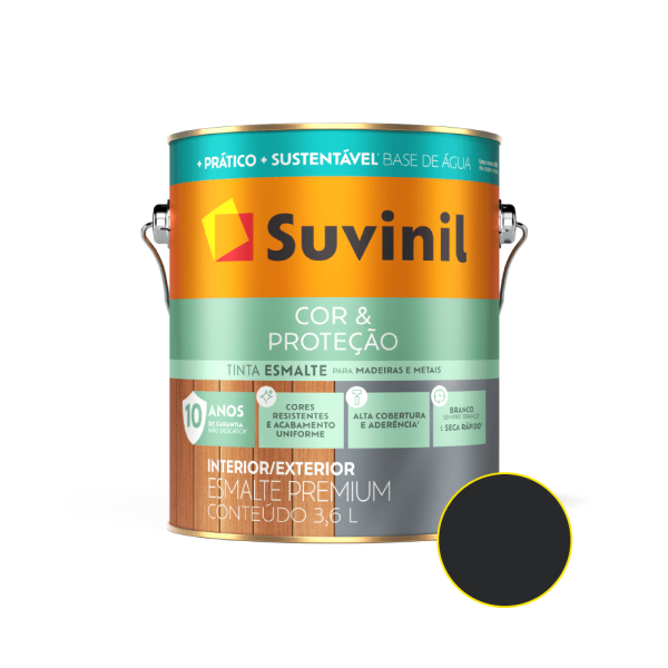Tinta Esmalte Sintético Base Água Cor e Proteção Preto Acetinado 3,6 Litros - SUVINIL