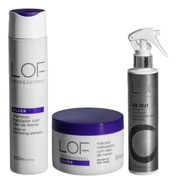 Kit LOF Silver Shampoo Matizador 300ml, Máscara Matizadora 300g, Hit 10x1 Leave-In 200ml