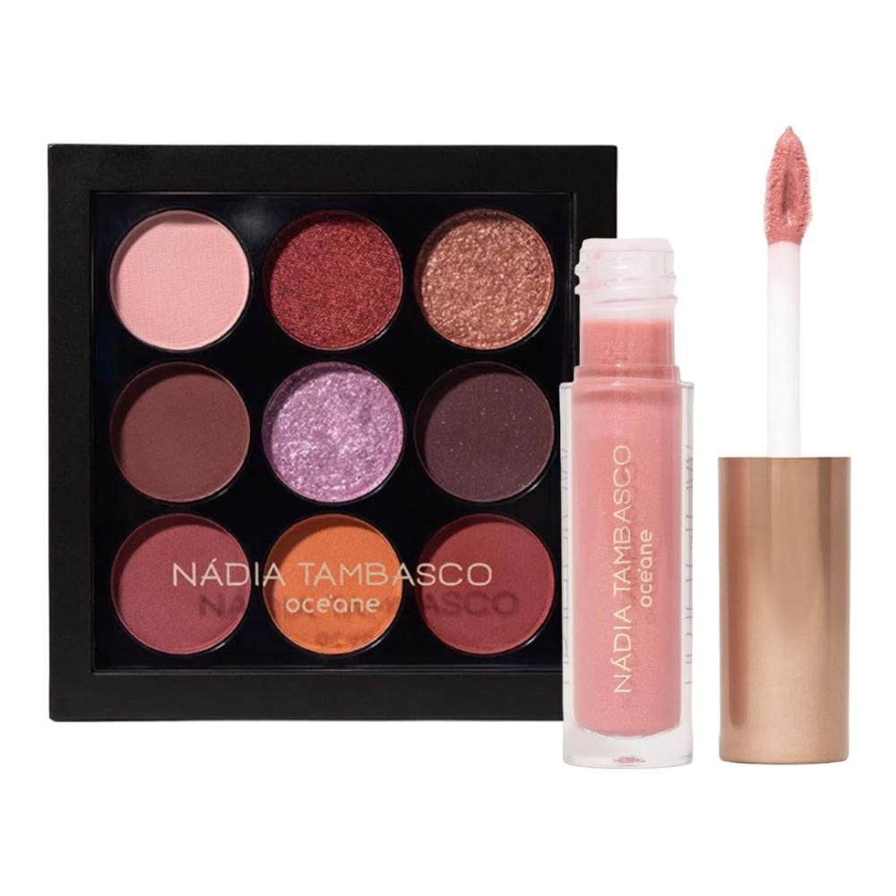 Kit Océane Nadia Tambasco Paleta de Sombra To Go Fire 7,2g, Brilho Labial Obsession Rosa Cintilante 1,8g