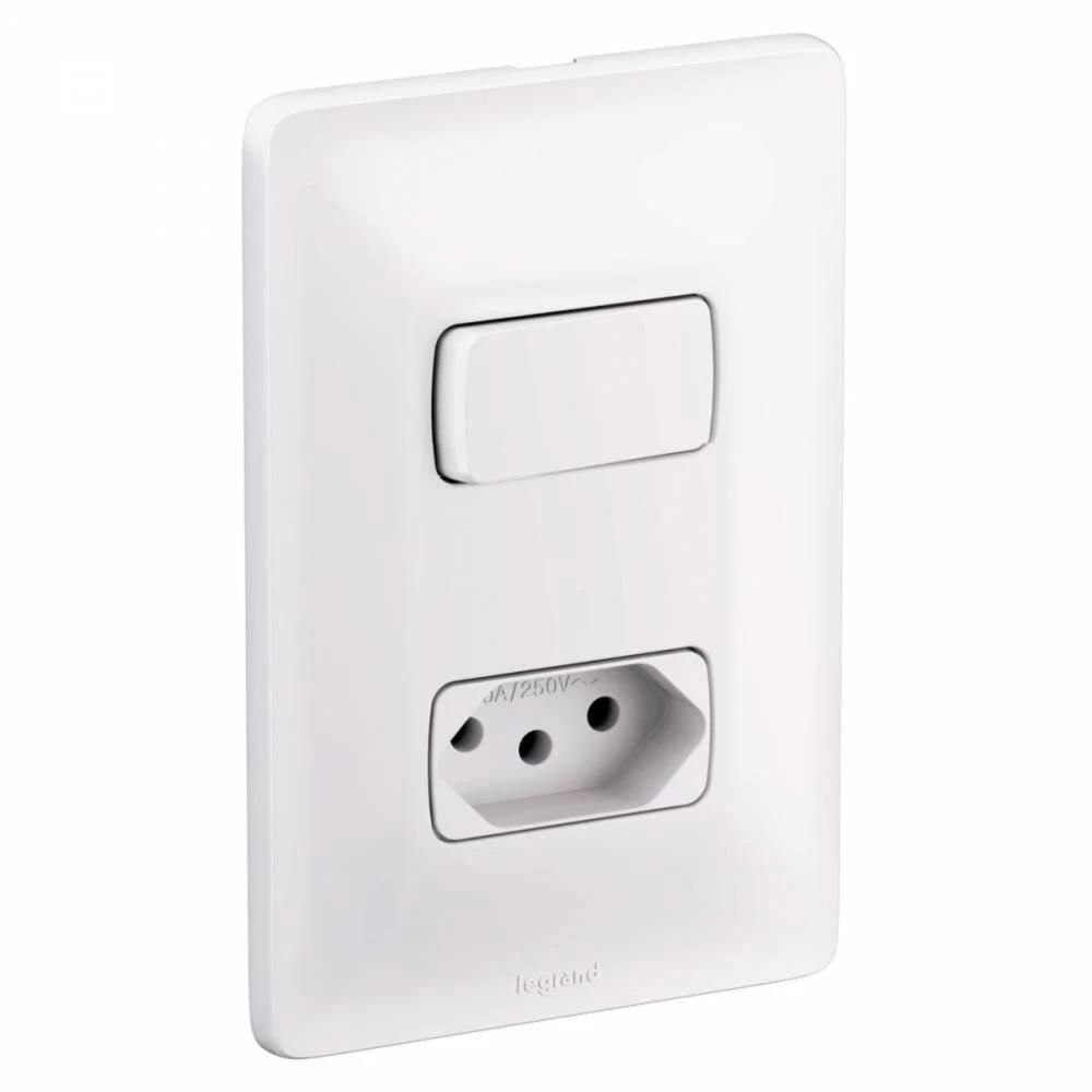 Encontraproduto.com.br - Conjunto com 1 Interruptor Paralelo e 1 Tomada Zeffia 2P+T 10A Placa 4x2 Branca Pial Legrand