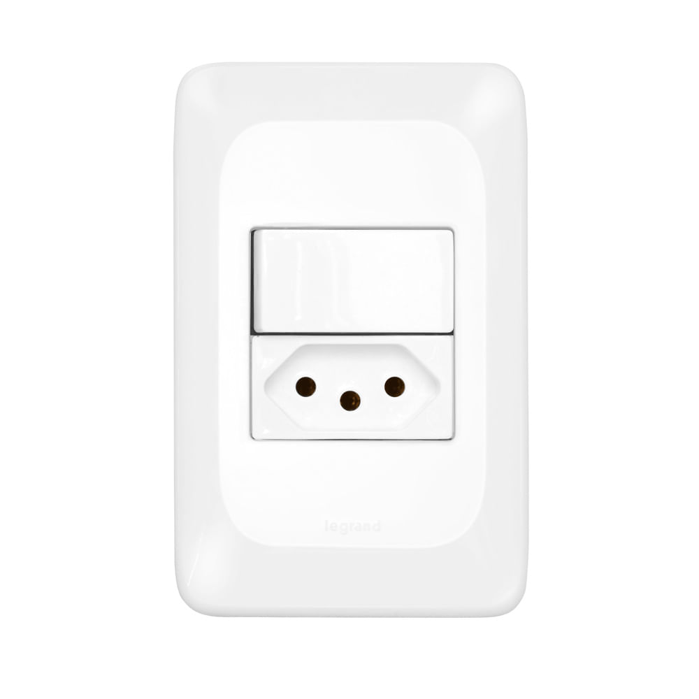 Encontraproduto.com.br - Conj Interruptor Simples+Tomada 2P+T 10A Branco Ppop