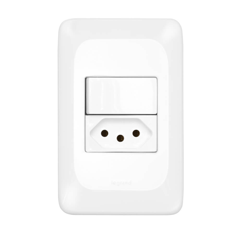 Encontraproduto.com.br - Conj Interruptor Simples+Tomada 2P+T 10A Branco Ppop