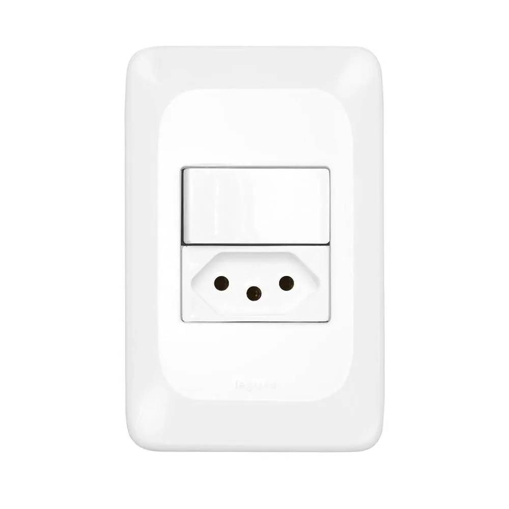 Encontraproduto.com.br - Conj Interruptor Simples+Tomada 2P+T 10A Branco Ppop