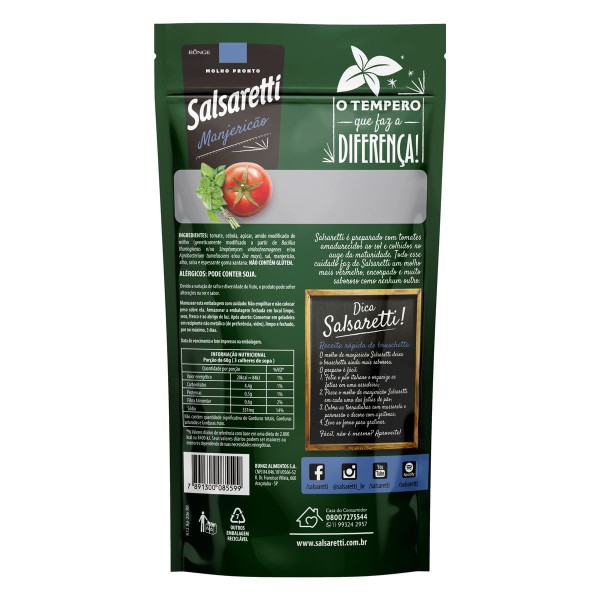 Encontraproduto.com.br - Molho de Tomate Manjericão com Pedaço de Tomate Salsaretti Dia a dia 340g