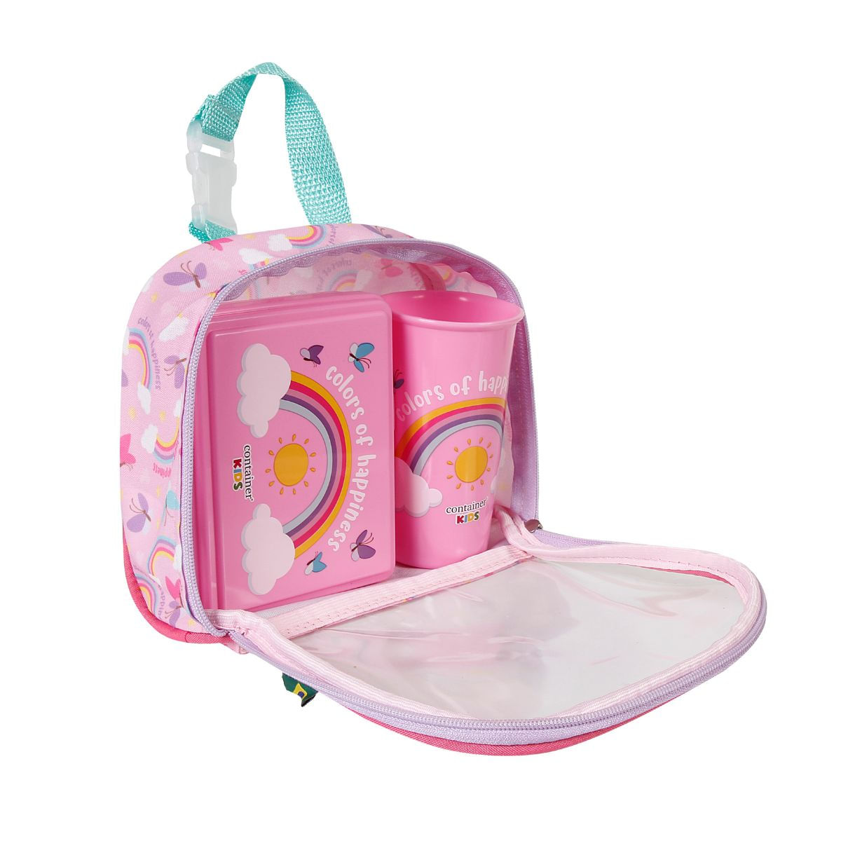 Encontraproduto.com.br - Kit Weekend Arco Íris Rosa - Necessaire + Porta Lanches + Copo 340ml