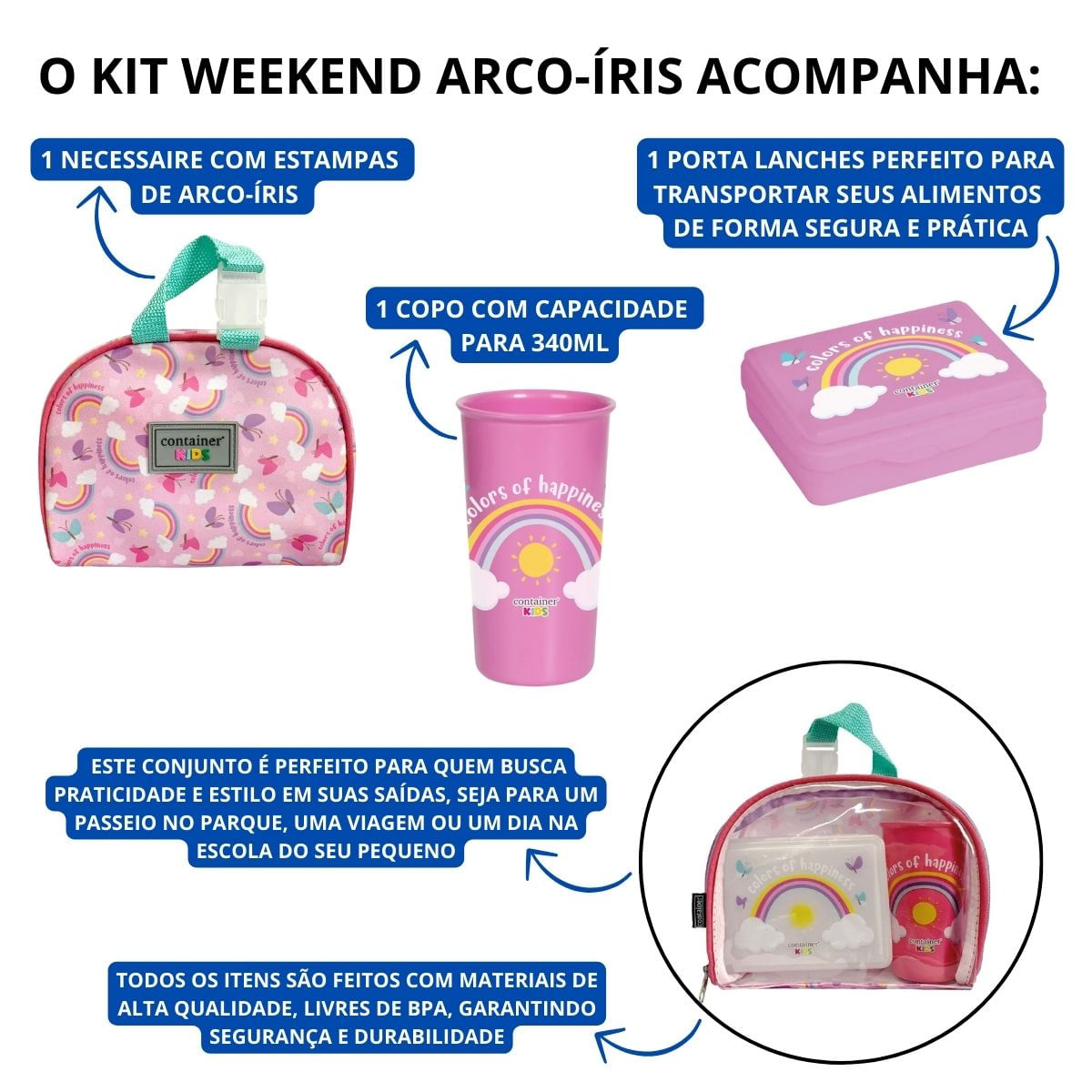 Encontraproduto.com.br - Kit Weekend Arco Íris Rosa - Necessaire + Porta Lanches + Copo 340ml