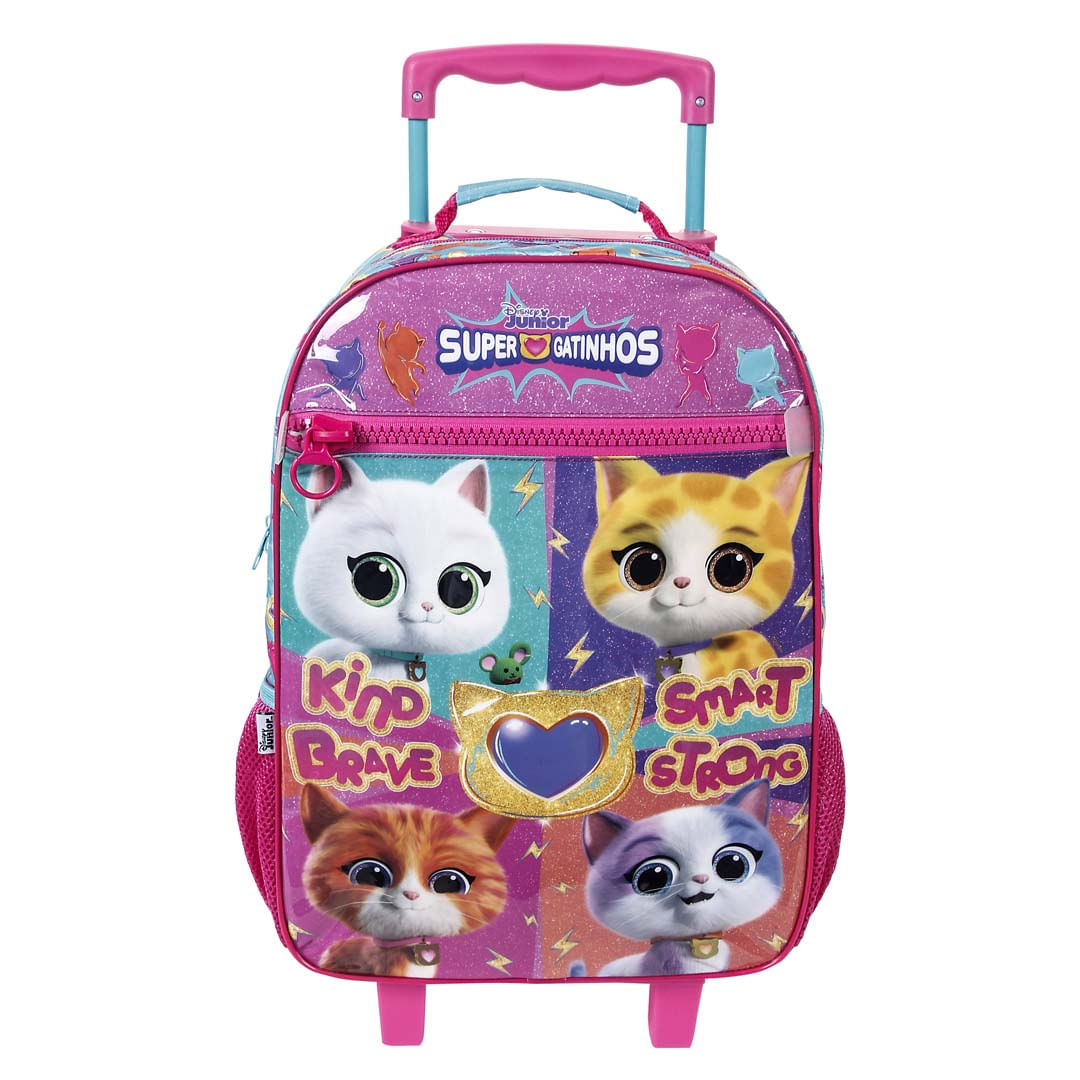 Mala Escolar G C/ Rodinhas + Squeeze 340ml Infantil Menina Rosa Super Gatinhos Disney