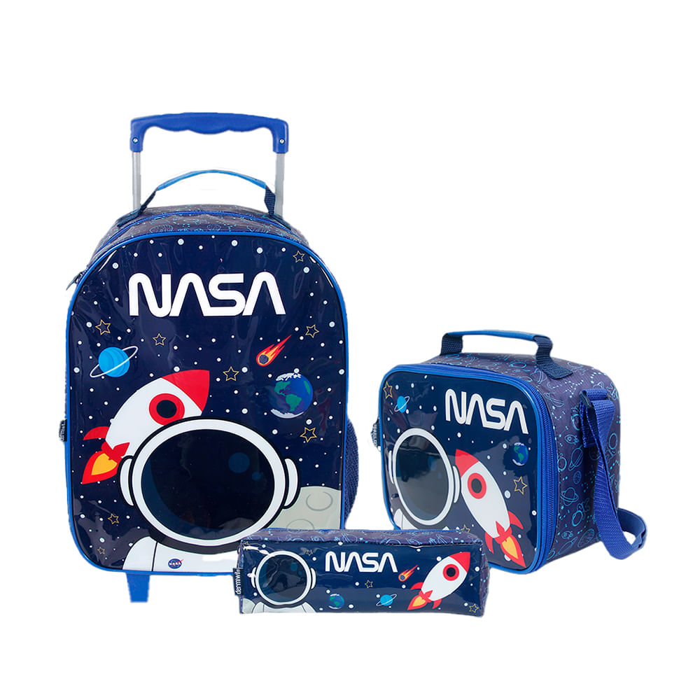 Kit Mochila de Rodinhas Infantil Dermiwil com Lancheira + Estojo Nasa