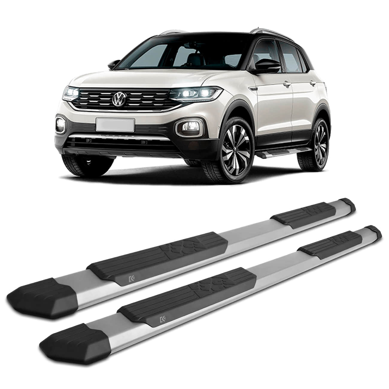 Estribo Lateral T-Cross 2019 2020 2021 2022 Prata com Ponteira e Plataforma Antiderrapante CeK