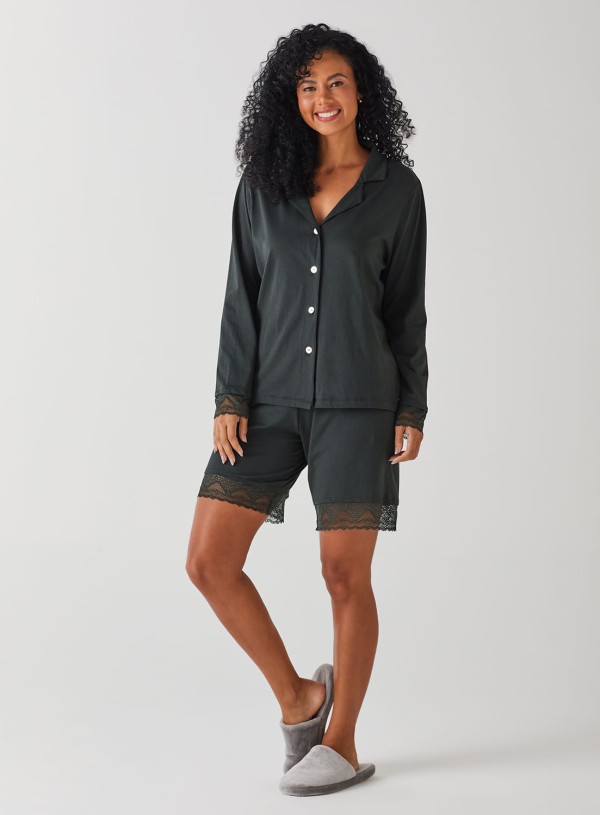 Encontraproduto.com.br - Bermuda de Pijama de Algodão com Renda 20701 - Peça Promocional Liz Verde