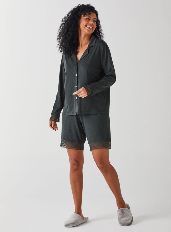 Encontraproduto.com.br - Bermuda de Pijama de Algodão com Renda 20701 - Peça Promocional Liz Verde