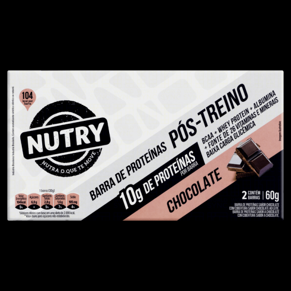 Encontraproduto.com.br - Pack Barra de Proteína Chocolate com Cobertura de Chocolate ao Leite Nutry Pacote 60g 2 Unidades