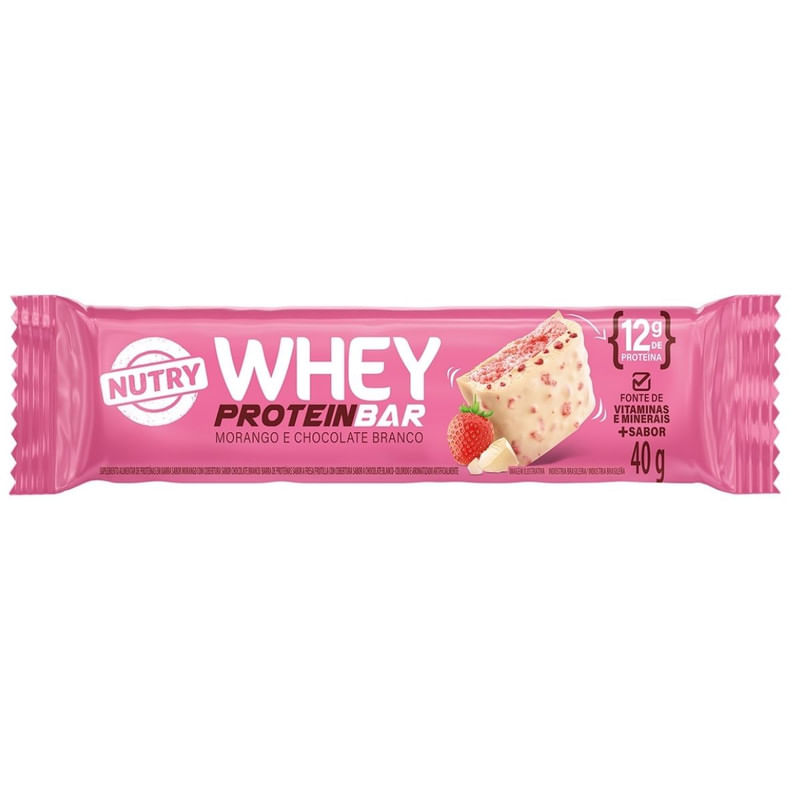 Suplemento Alimentar Barra de Proteína Morango Cobertura Chocolate Branco 12g de Proteína Nutry Whey Protein Bar Pacote 40g