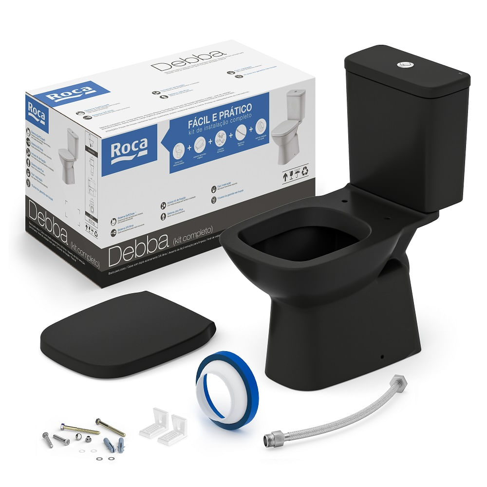 Kit Bacia com Caixa Acoplada Debba Classic Matte Black com Assento Termofixo e Acessórios - Roca