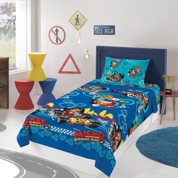 Encontraproduto.com.br - jogo de cama infantil lepper 3 peças microfibra mickey aventura sobre rodas