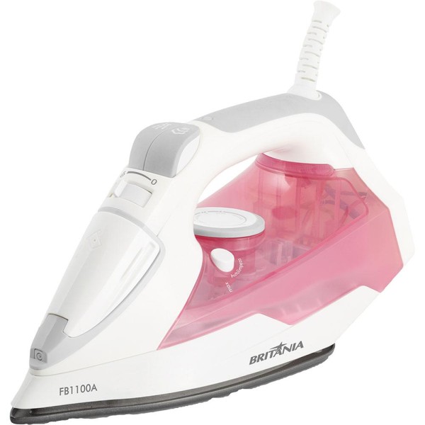 Encontraproduto.com.br - Ferro de Passar Roupa Vapor Spray Britânia FB1100A com Base Antiaderente Rosa e Branco 127V