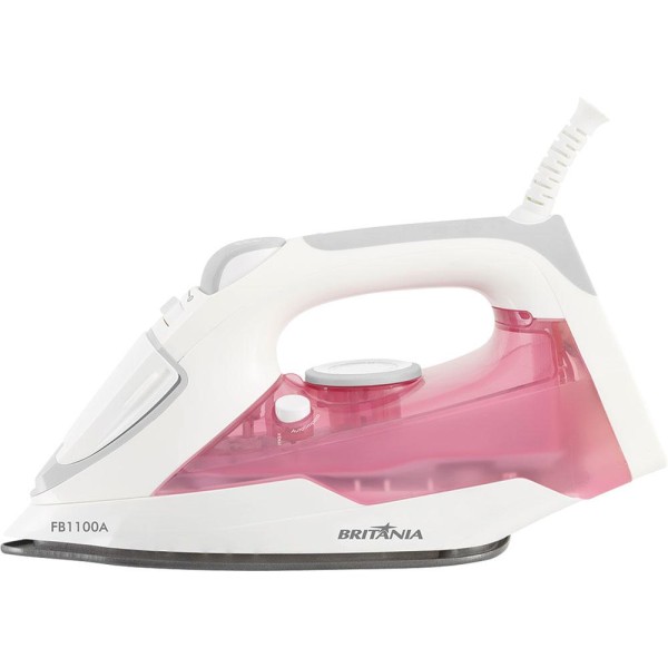 Encontraproduto.com.br - Ferro de Passar Roupa Vapor Spray Britânia FB1100A com Base Antiaderente Rosa e Branco 127V