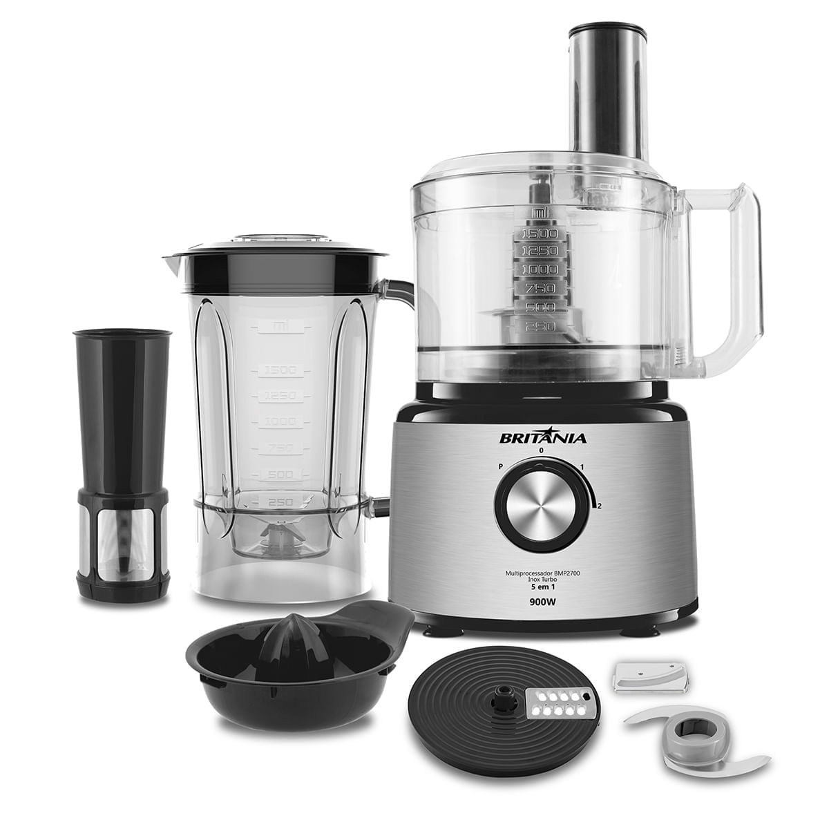 Encontraproduto.com.br - Multiprocessador Britânia BMP2700P 5 em 1 Inox Turbo 900W 220V