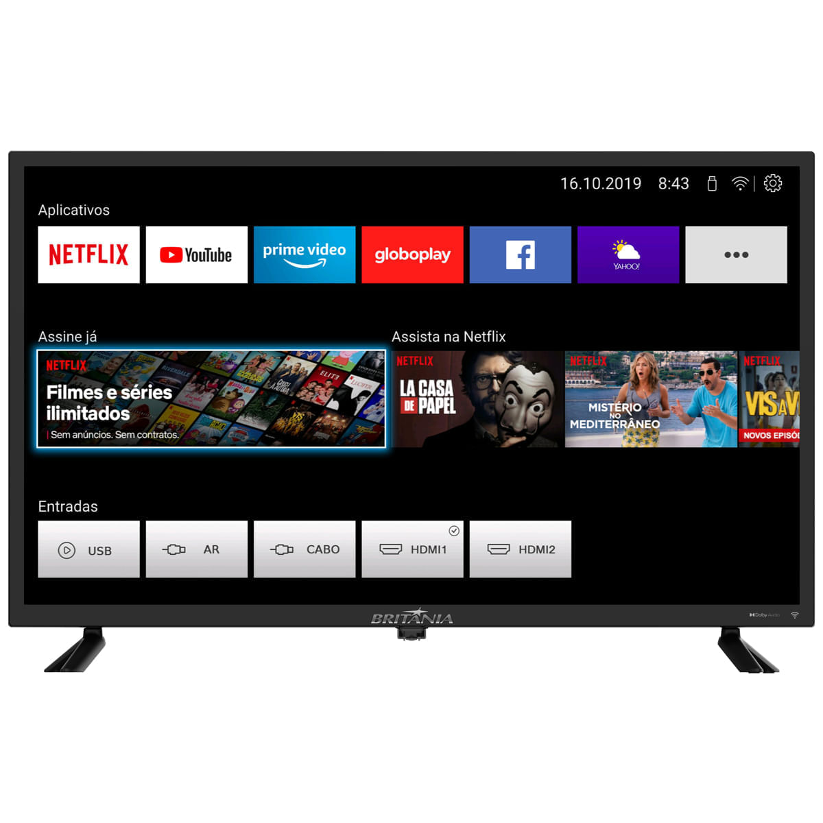 Smart TV LED Britânia 32 Polegadas HD, Processador Quad Core, Wi-Fi, Conversor Digital Integrado - BTV32D10N5SKH