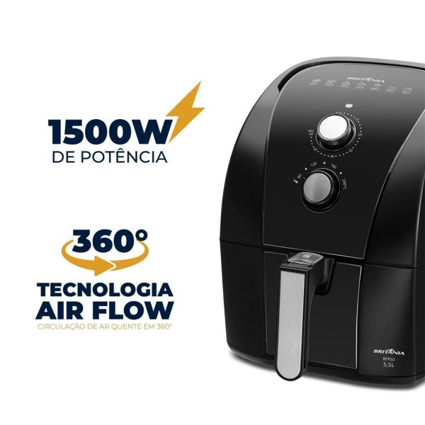Encontraproduto.com.br - FRITADEIRA AIR FRYER BRITÂNIA BFR50 PRETA 220V 5,5 LITROS