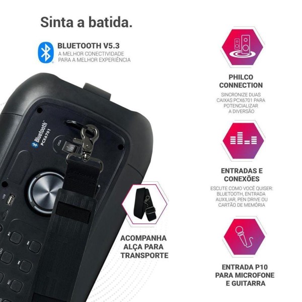 Encontraproduto.com.br - Caixa de Som Amplificada Philco Bluetooth 5.3 650W PCX6701 Bivolt