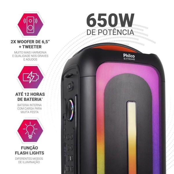 Encontraproduto.com.br - Caixa de Som Amplificada Philco Bluetooth 5.3 650W PCX6701 Bivolt