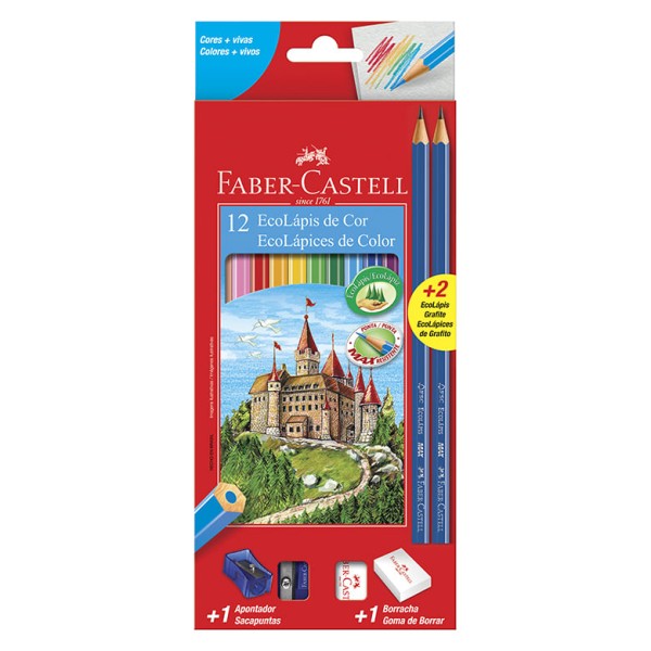 Encontraproduto.com.br - Lápis de Cor Faber Castell com Kit Escolar 12Unidades