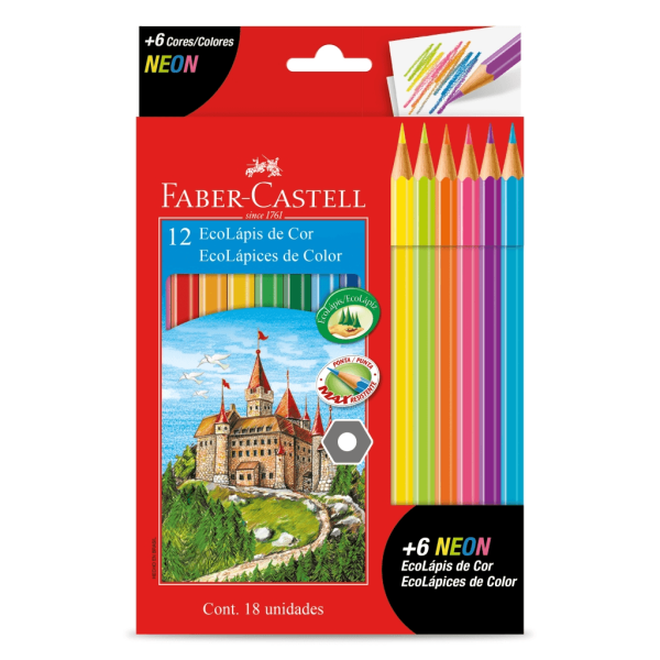 Encontraproduto.com.br - Lápis De Cor Sextavado Ecolápis 12 Cores + 6 Neon Faber-castell