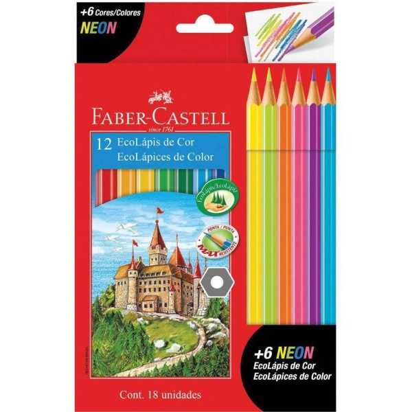 Encontraproduto.com.br - Lápis De Cor Sextavado Ecolápis 12 Cores + 6 Neon Faber-castell