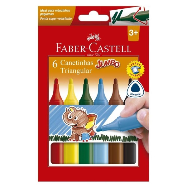 Encontraproduto.com.br - Canetinha Hidrogáfica Jumbo Triangular 6 Cores Faber Castell