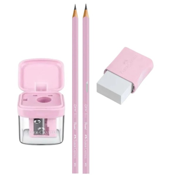 Kit 2 Lápis Grafite + Borracha + Apontador Rosa Pastel