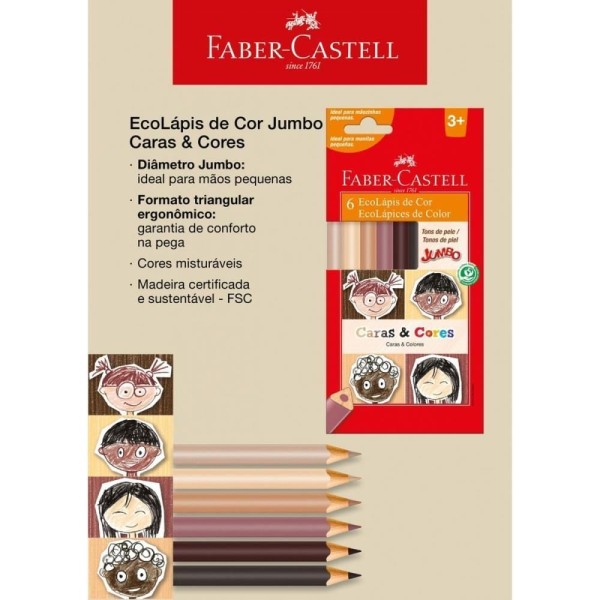 Encontraproduto.com.br - Lápis de Cor Jumbo Caras 6 Tons de Pele - Faber Castell