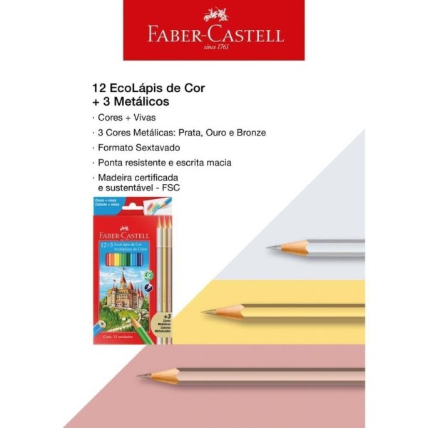 Encontraproduto.com.br - Lápis de Cor 12 Cores + 3 Metálicos - Faber Castell